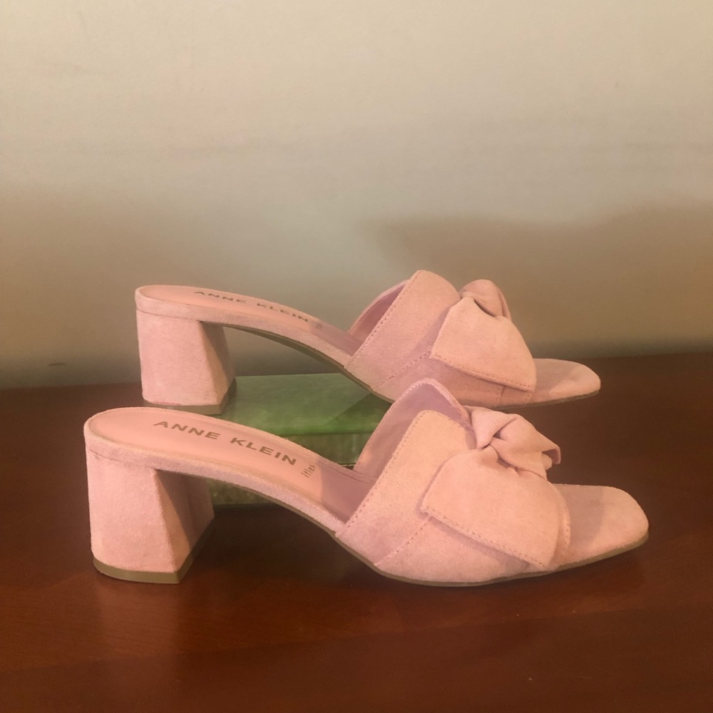 Anne Klein Blush Pink Suede Knot Block Heel Mules